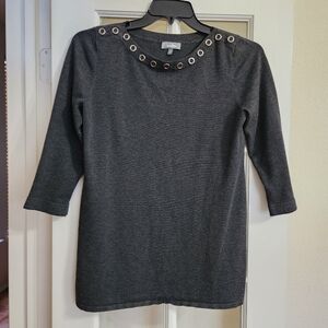Neiman Marcus Charcoal Gray Grommet Neck 3/4 Sleeve Knit Top Size M